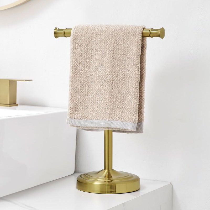 RUMOSE 13 Inch Brushed Gold Towel Stand Hand Towel Holder Bathroom Kitchen Vanity Countertop T-Shape Towel Rack Free Standing Stainless Steel Towel Bar Towel Ring - Image 2